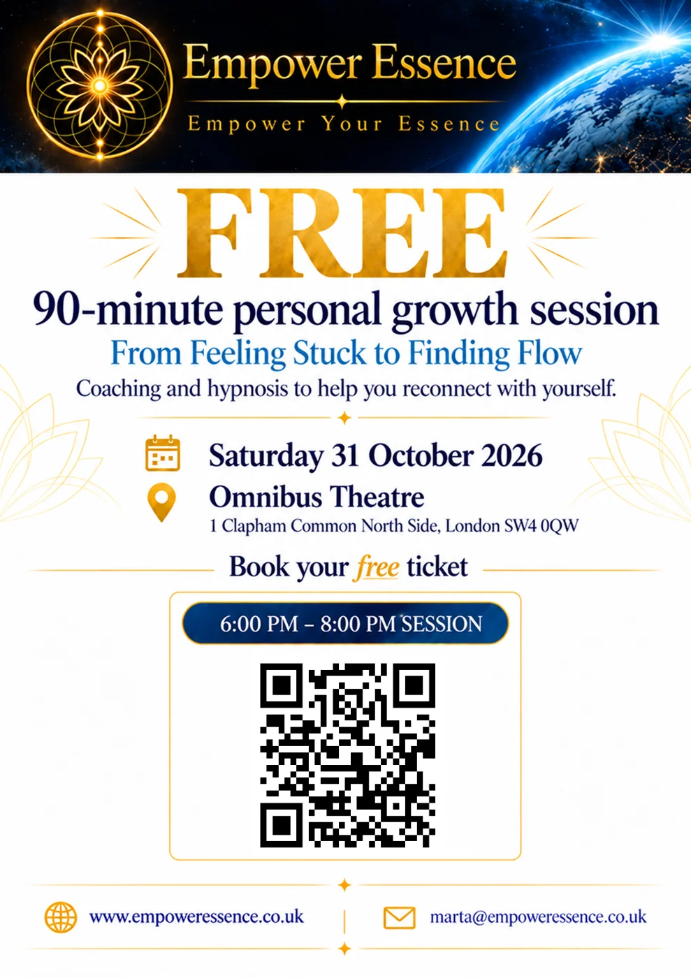 Empower Essence leaflet for a free 90-minute personal growth session, From Feeling Stuck to Finding Flow, at Omnibus Theatre, 1 Clapham Common North Side, on Saturday 31 October 2026, 6pm to 8pm, with a QR code to book