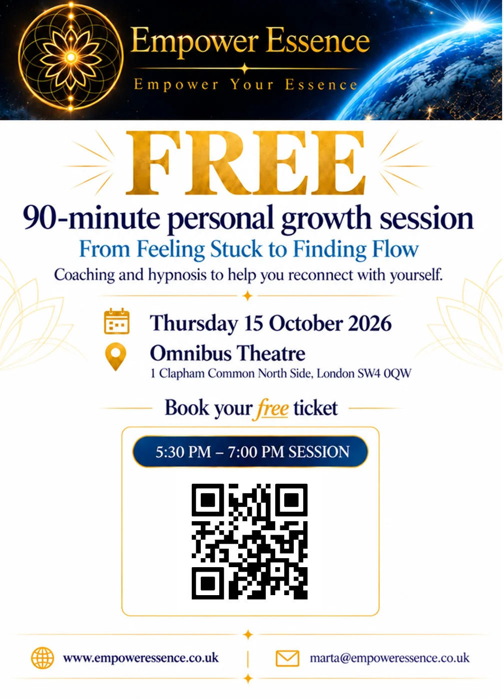 Empower Essence leaflet for the free From Feeling Stuck to Finding Flow session at Omnibus Theatre, 1 Clapham Common North Side, on Thursday 15 October 2026 at 5.30pm, with a QR code to book