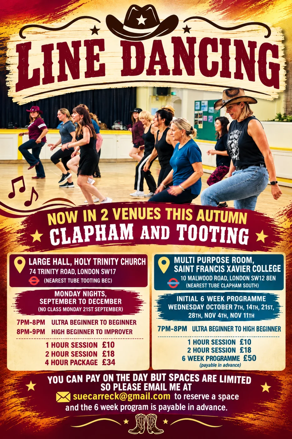 Sue Jenkins's poster for her line dancing classes in Clapham and Tooting
